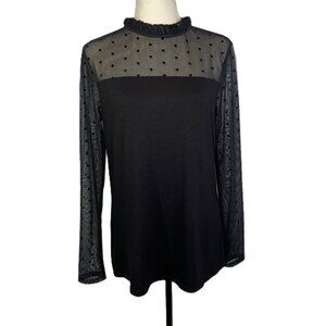 Long Tall Sally Black Sheer Polka Dot Neck Jersey Long Sleeve Top Size M
